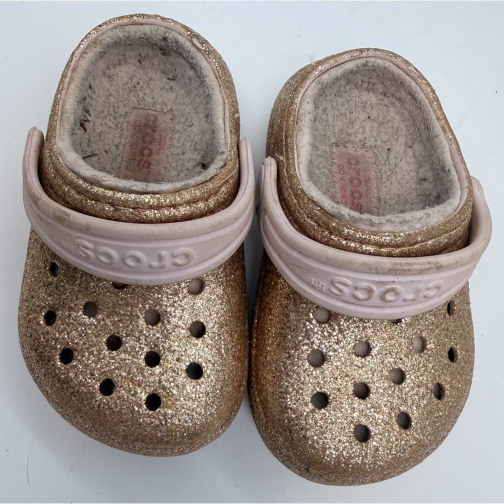 Crocs Classic Lined Clogs Gold Glitter Pink Cozy Fuzzy Toddler | Girl's Size 6 - Picture 4 of 12